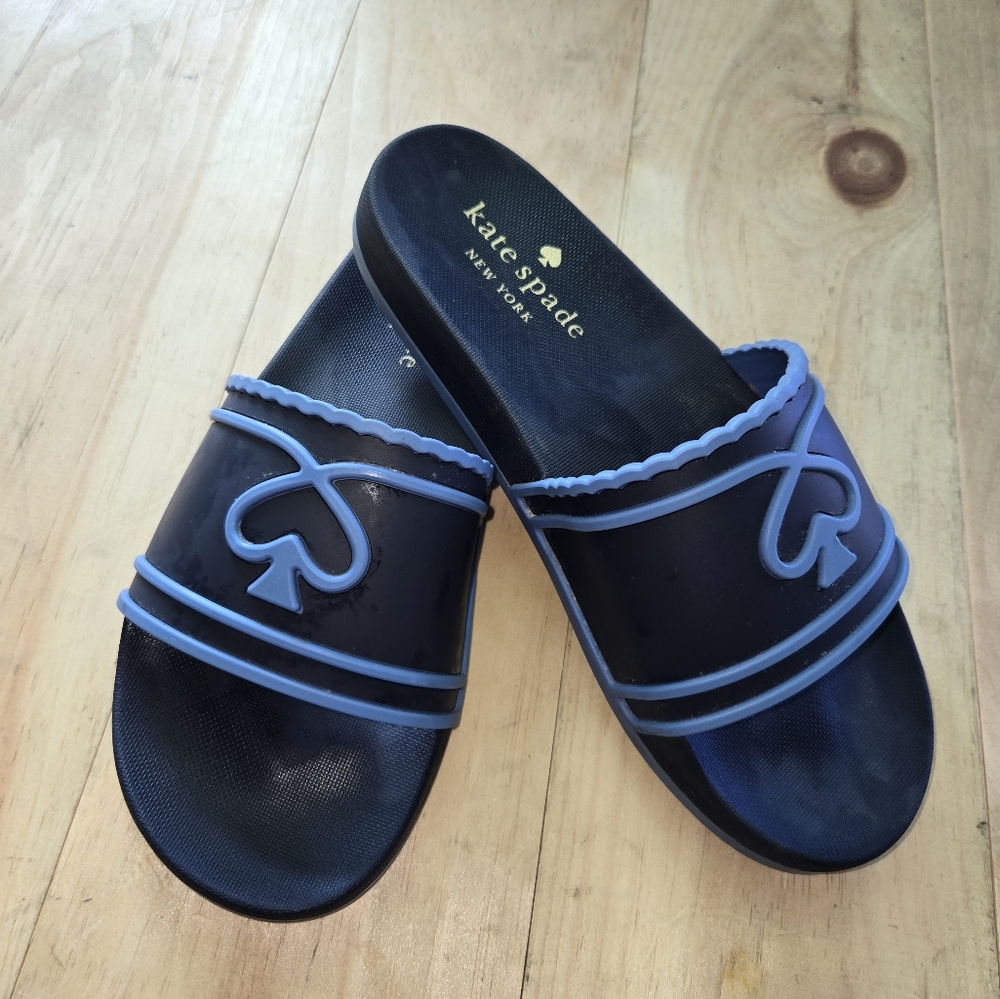 kate spade Black Slide Sandals with Blue Trim